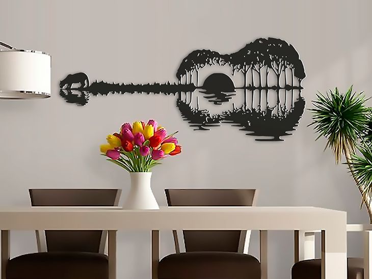 Décoration Murale Guitare et Coucher de Soleil 60 cm